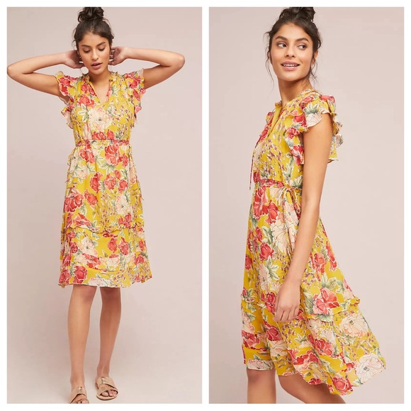 Anthropologie Dresses & Skirts - Anthropologie Dolan Left Coast Ellory Silk Dress Floral Yellow Ruffle XS